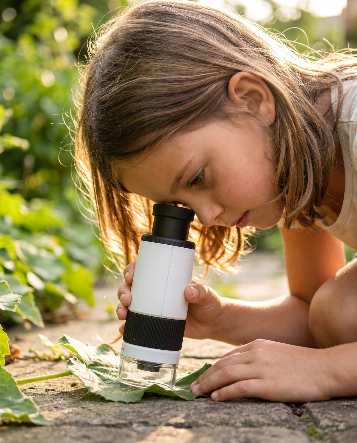 Child using the Curio Pocket Microscope on a leaf in a garden