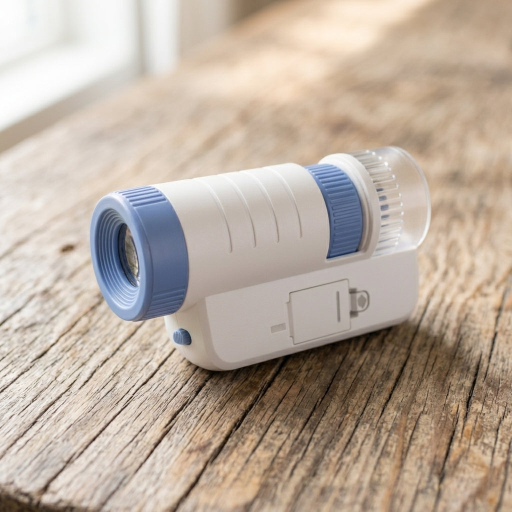 Close-up of the Curio Pocket Microscope lens and body