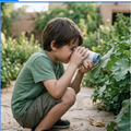 Child using the Curio Pocket Microscope outdoors in a garden